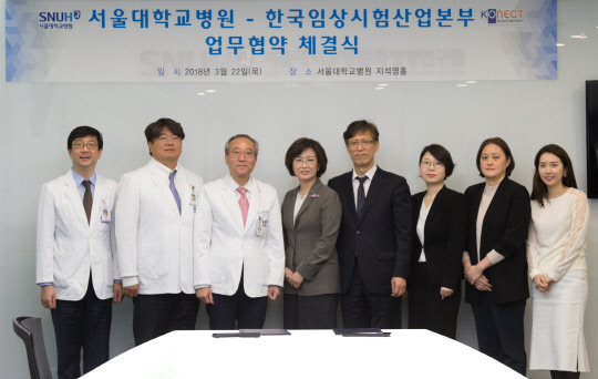 지난 22일 서울 종로구 서울대학교병원에서 서울대학교병원과 한국임상시험산업본부가 업무협약을 체결하고 기념 촬영을 하고 있다. 왼쪽 두 번째부터 다섯 번째까지 장인진 서울대병원 임상시험센터장, 서창석 서울대병원장, 지동현 한국임상시험산업본부 이사장, 백선우 한국임상시험산업본부 사무처장.   서울대학교병원 제공